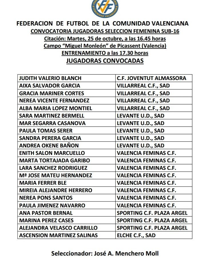inesita24100's tweet photo. 12 Guerreras de la Academia del @VCF_Femenino convocadas para el entrenamiento de la SUB-16 y SUB-18 @FederacionFFCV https://t.co/MiLw5wpofe