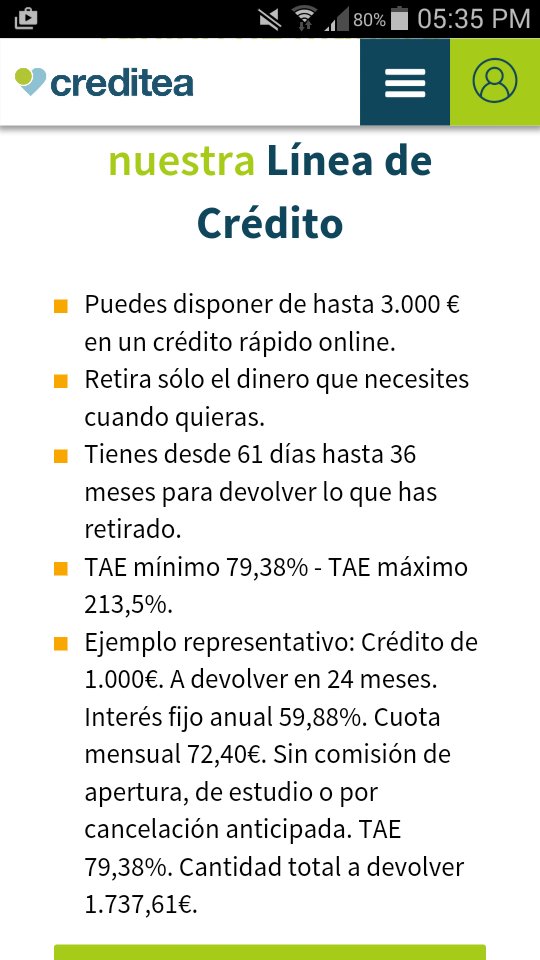 juancinho2002's tweet photo. Me había parecido leer mal la letra pequeña... pero NO!!! Intereses brutales!! #timaco #créditossuicidas #creditea https://t.co/AyEPltowyM