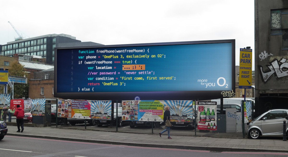 CreativeReview's tweet photo. O2 launches clever localised billboard campaign, written entirely in code https://t.co/Pl8R8A9aNR https://t.co/ETst2w7hvX