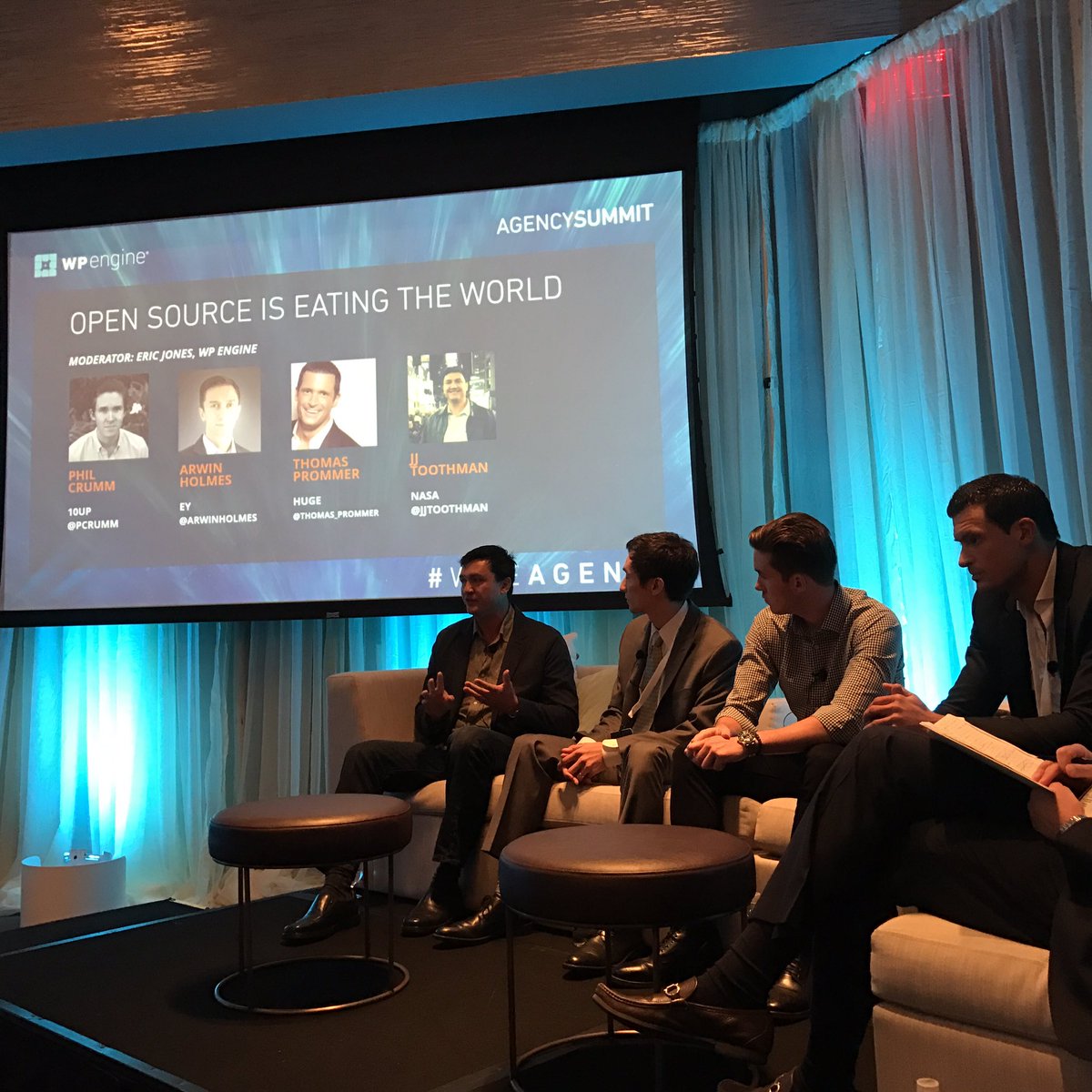 Open source is eating the world #wpeagency <a href="/pcrumm/">Phil Crumm</a> <a href="/arwinholmes/">Arwin Holmes</a> <a href="/thomas_prommer/">Thomas Prommer</a> <a href="/jjtoothman/">J.J. Toothman</a> moderated by <a href="/wpengine/">WP Engine</a>'s <a href="/Eric_H_Jones/">Eric Jones</a>