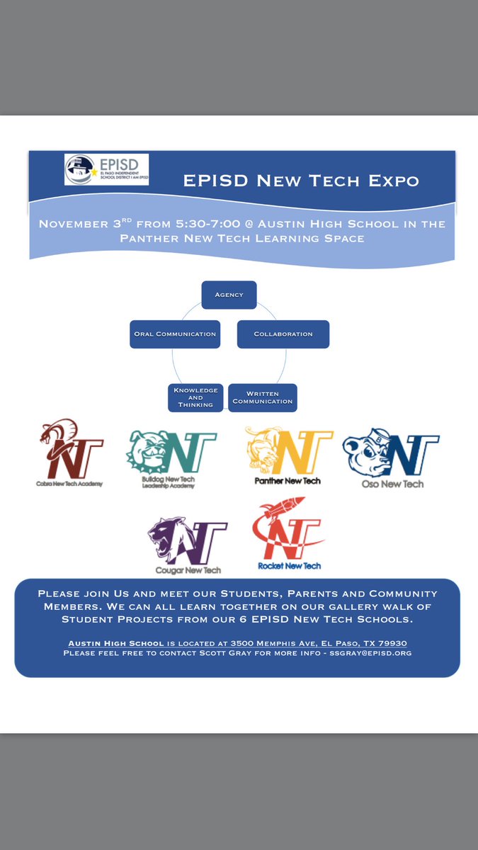 scottgray77's tweet photo. Come learn with us on Nov 3rd and meet students from all 6 New Tech Schools @ EPISD  @Panther_NewTech 3500 Memphis EPT 79930 #iamepisd https://t.co/rMDmGDphyq