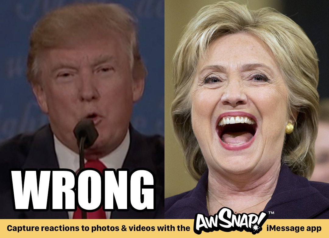 AwSnapApp's tweet photo. Can you imagine if the candidates had the AwSnap! iMessage app after the #debates? #besties #awsnapapp https://t.co/OXAqw1mE1j https://t.co/jDlBHPueju