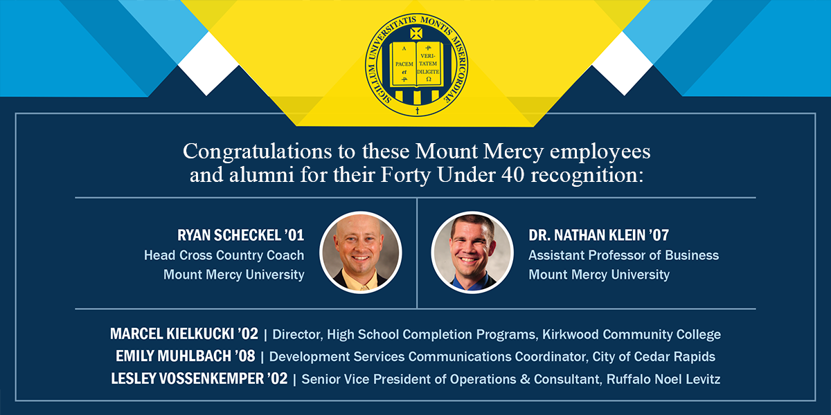 MountMercy's tweet photo. Five MMU alumni &amp; employees will be honored at tonight's @CBJournal Forty Under 40 banquet. Congrats! #MMUPride https://t.co/SRpMDwrRzV https://t.co/vJNt6b3p7K