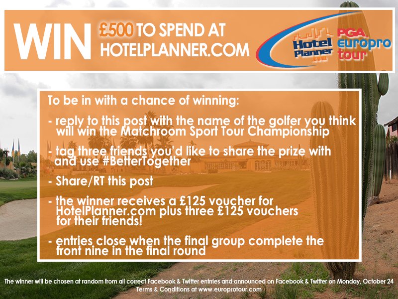 pgaeuroprotour's tweet photo. WIN £500 to share with three friends @hotelplanner. Follow the steps in the graphic for your chance to win #BetterTogether https://t.co/jpG3zanAWa