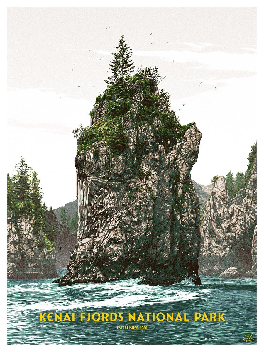 MondoConAustin's tweet photo. National Poster Retrospecticus is premiering a new poster from their 59 PARKS series! Check out KENAI FJORDS NATIONAL PARK by Mathew Woodson https://t.co/IpAqBkWXCR