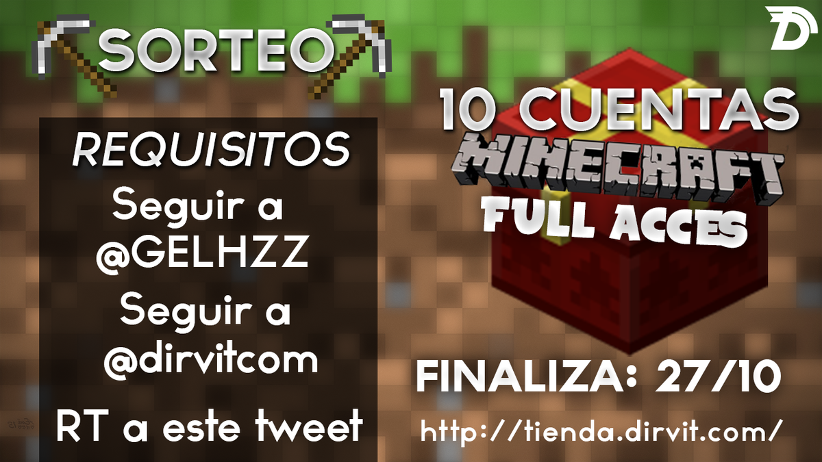 AlertaArmada's tweet photo. ► SORTEO 10 CUENTAS MINECRAFT PREMIUM CON @dirvitcom! 😋
Requisitos: https://t.co/rkJ6ylSlTh
• RT y MG
• Finaliza 27/10/16 https://t.co/GYRQODA8Kk