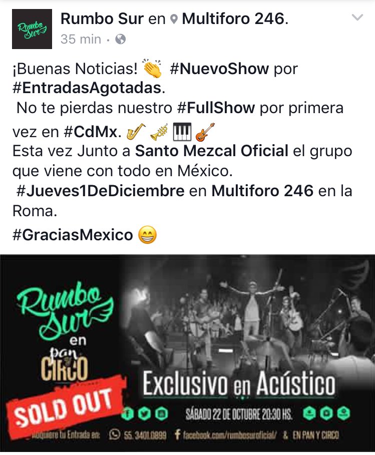 RumboSurOficial's tweet photo. Entradas agotadas para el sábado y nuevo show!!! Muchas gracias y los esperamos... México baila al ritmo de Rumbo Sur 👏👏 https://t.co/hJm4gc3goF