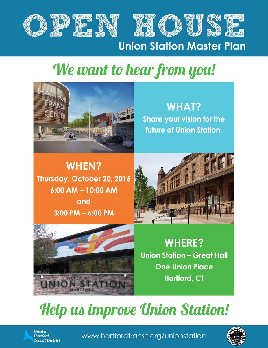 I84Hartford's tweet photo. Did you join the Greater Hartford Transit District master planning open house this morning? If not, drop by Union Station today from 3-6! https://t.co/7sqXfMyOZJ