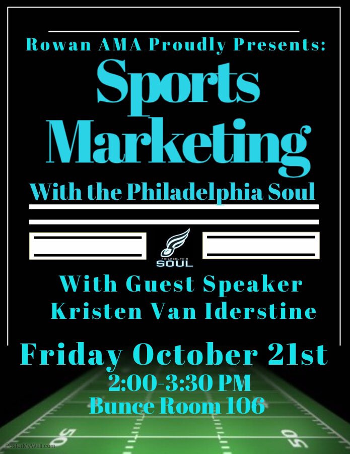 RowanAMA's tweet photo. We're about 24 hours away from the Sports Marketing presentation by the Philadelphia Soul. Internship opportunities will be discussed. 🏈🏈 https://t.co/dmQiAJ9LRX
