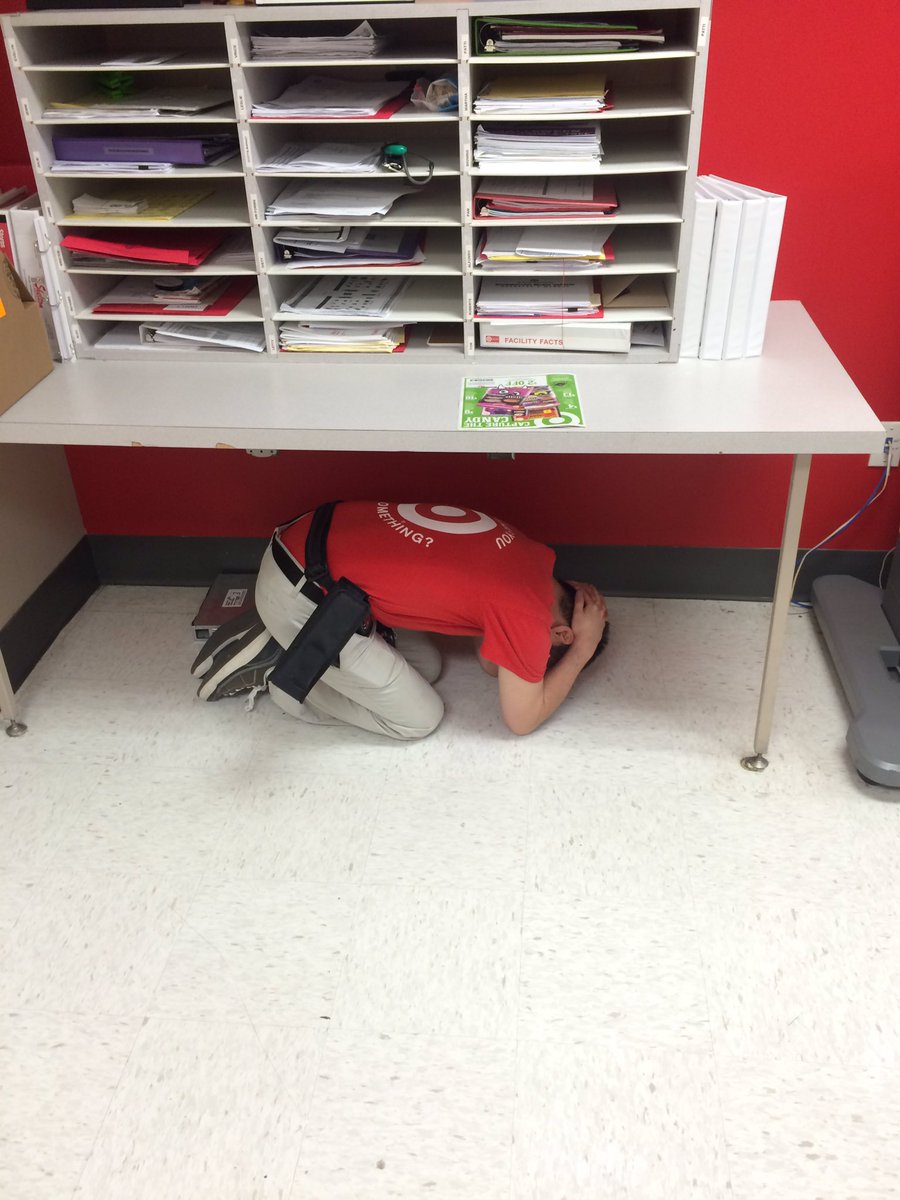 Mr_Target_'s tweet photo. The Great ShakeOut Drill 2016!! "Drop, Cover and Hold On" #ShakeShakeShake https://t.co/gbpnJyu9io