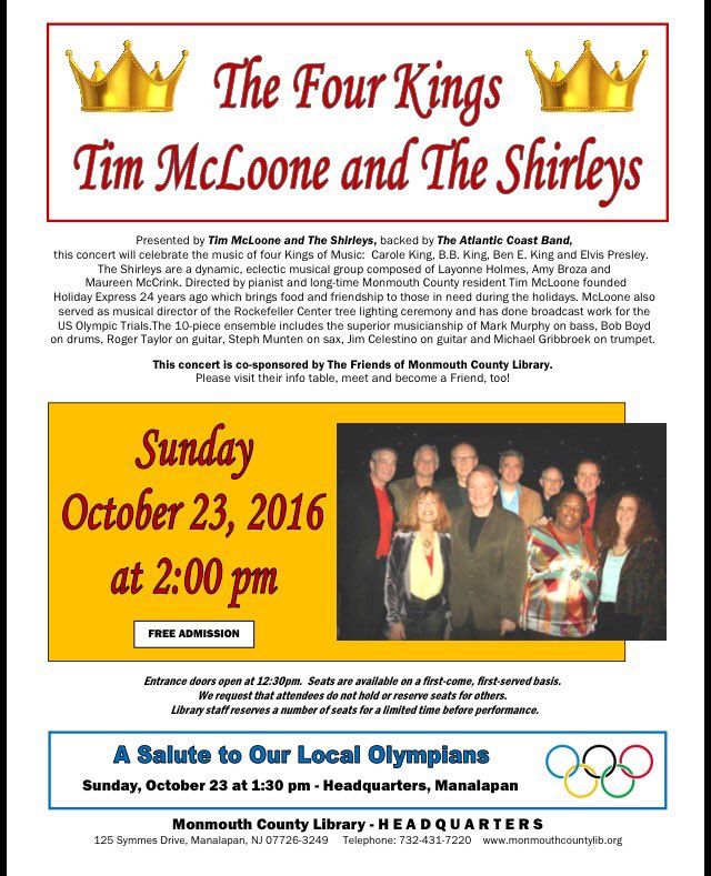 MonCoLibrary's tweet photo. The #One&amp;Only #TimMcLoone &amp; The Shirleys! Free concert; thanks, #FriendsOfLibrary! @Layonne #caroleking #bbking #beneking #Elvis https://t.co/2xM3v7lrH6