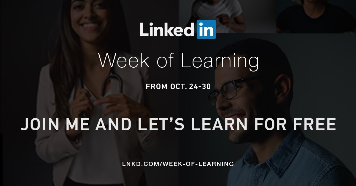 lahutter's tweet image. From Oct 24-30th, all 5,000 courses on LinkedIn Learning are 100% free! Check it out: lnkd.in/weekoflearning #AlwaysBeLearning #LinkedIn