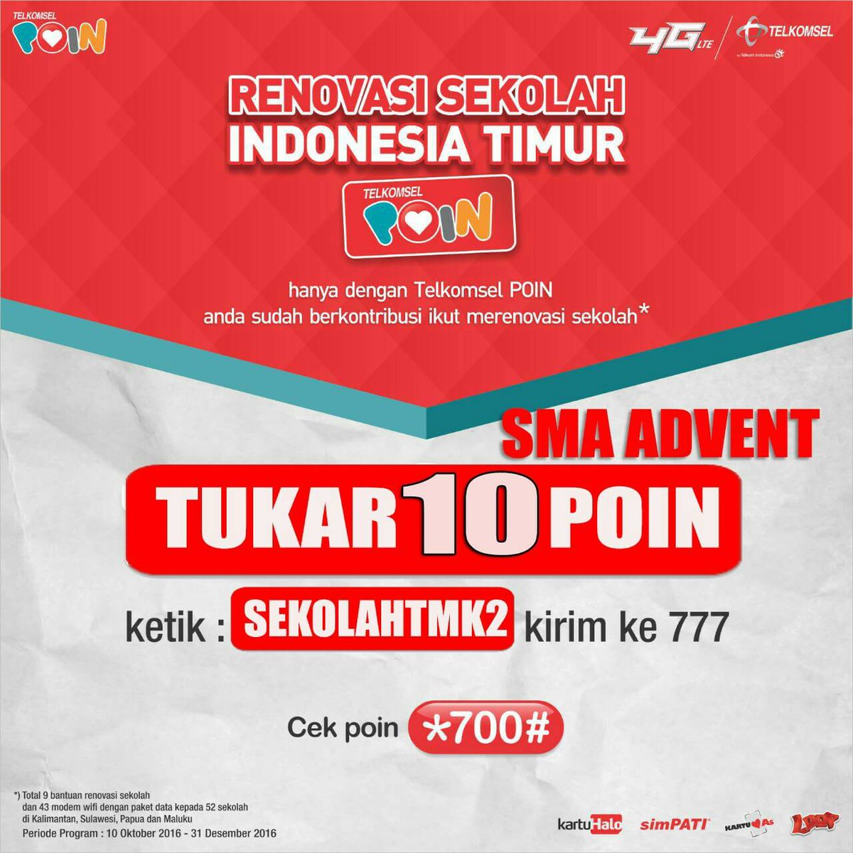 LoopTimika's tweet photo. Buat Kaka2 Loopers Sma Advent Timika Ayo Buruan Tukarkan 10 Poinmu dgn cara ketik SEKOLAHTKM2 kirim ke 777
#Looptimika
#TelkomselPapua https://t.co/z9cFCfjCFK