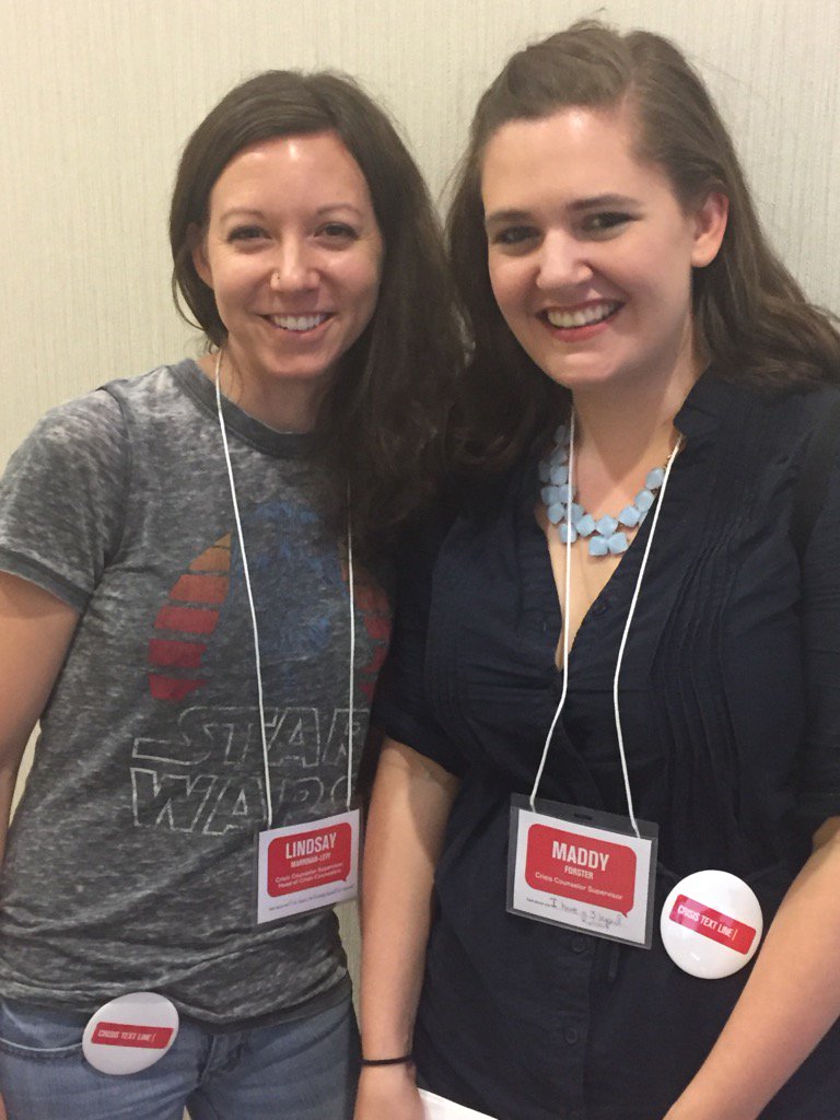 CrisisTextLine's tweet photo. Supervisors Lindsay and Maddy are pumped for #palooza2016! #twitterthis https://t.co/Wvd3NolTL0