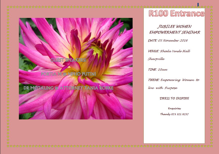CynthyMofokeng's tweet photo. #JUWES Jubilee Women Empowerment Seminar 5/11 Sharpville https://t.co/3aKbwcaa4m