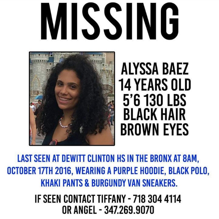 BrandiceInNYC's tweet photo. @KyeTheCreator PLEASE ASSIST US IN LOCATING MISSING PERSON ALYSSA BAEZ. The 14YO has been missing since Monday. NYPD DCPI issued #FindAlyssa https://t.co/zHlOBdsIdL