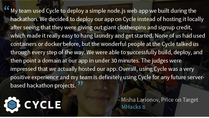 CyclePlatform's tweet photo. @Misha_Larionov weights in on his experience with Cycle while building his @mhacks app see it here https://t.co/UEjU2HLHLG #ContainedOnCycle https://t.co/IyDFSI8wLa