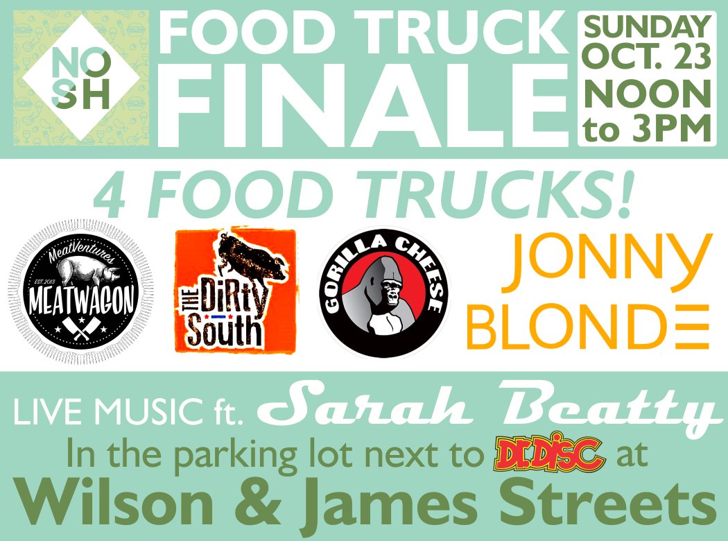 #NOSHHamOnt #FoodTruck finale this Sunday next to <a href="/DrDiscHamilton/">Dr. Disc</a> from 12-3 with <a href="/dirtysouthtruck/">The Dirty South</a> <a href="/gorilla_cheese/">Gorilla Cheese</a> <a href="/JonnyBlonde/">Jonny Blonde</a> &amp; us! #HamOnt