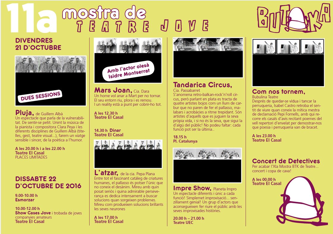 guiaonanem's tweet photo. NO ET POTS PERDRE! 11a Mostra Butaka de Teatre Jove #Olesa els dies 21 i 22 d’octubre al @casalolesa amb @butakajove #Butaka #Teatre #Jove https://t.co/8vsvFf615h