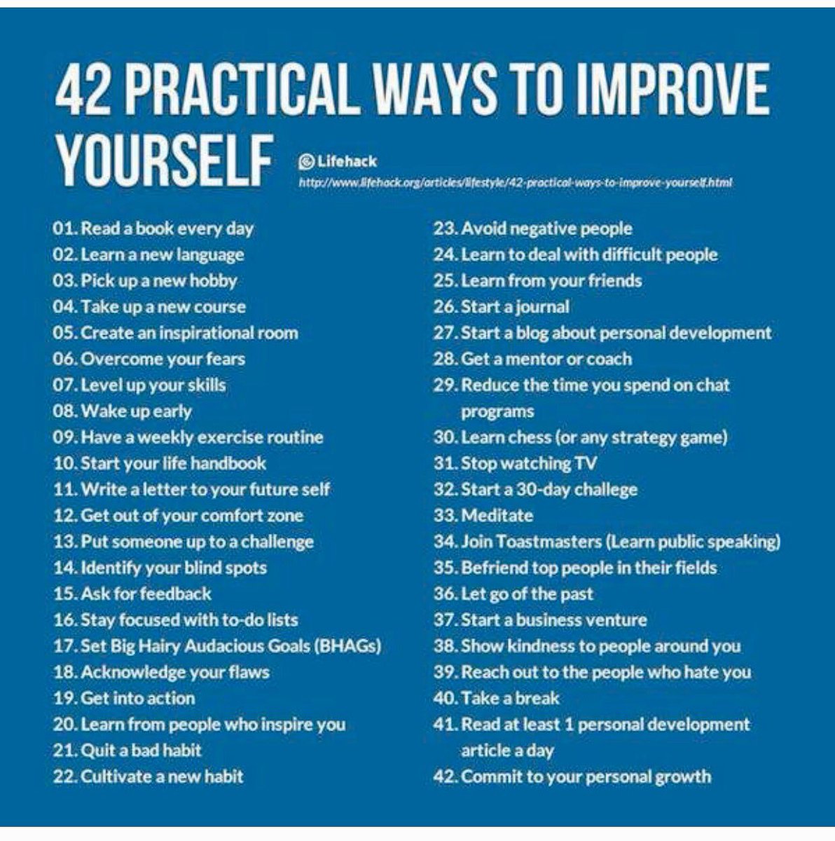 "42 Ways To Ways To Improve Yourself"

<a href="/10MillionMiler/">Wright Thurston</a> #Inspiration #edchat #Leadership RT <a href="/AgeproofLiving/">Ageproof Living</a>