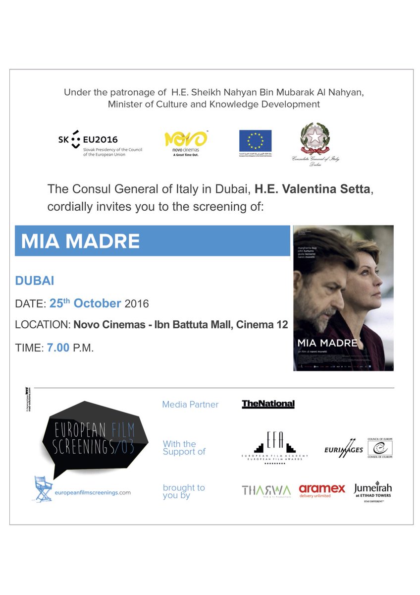 ItalyinDubai's tweet photo. You are invited on 25/10 at 7pm to the screening of #NanniMoretti's "Mia Madre" ! #EFS03 #fortheloveofcinema #europeancinema https://t.co/oM6gli12jI