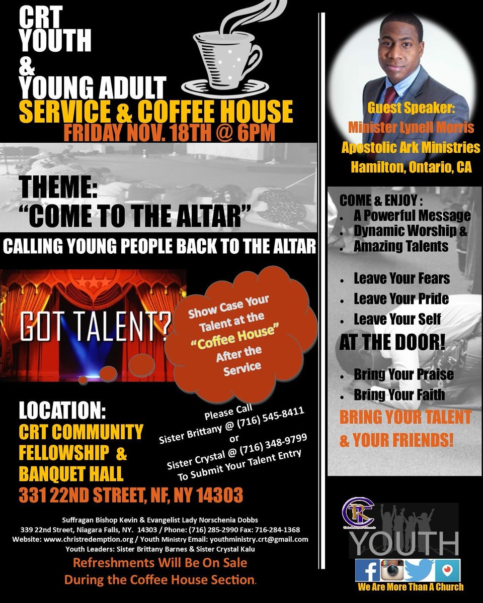 CRT339's tweet photo. Join the C.R.T. Youth for a Dynamic Night of POWER!!!!! Youth Service followed by a Coffee House......Hosted by CRT YOUTH DEPARTMENT!! https://t.co/TCMZQ6eIZ8