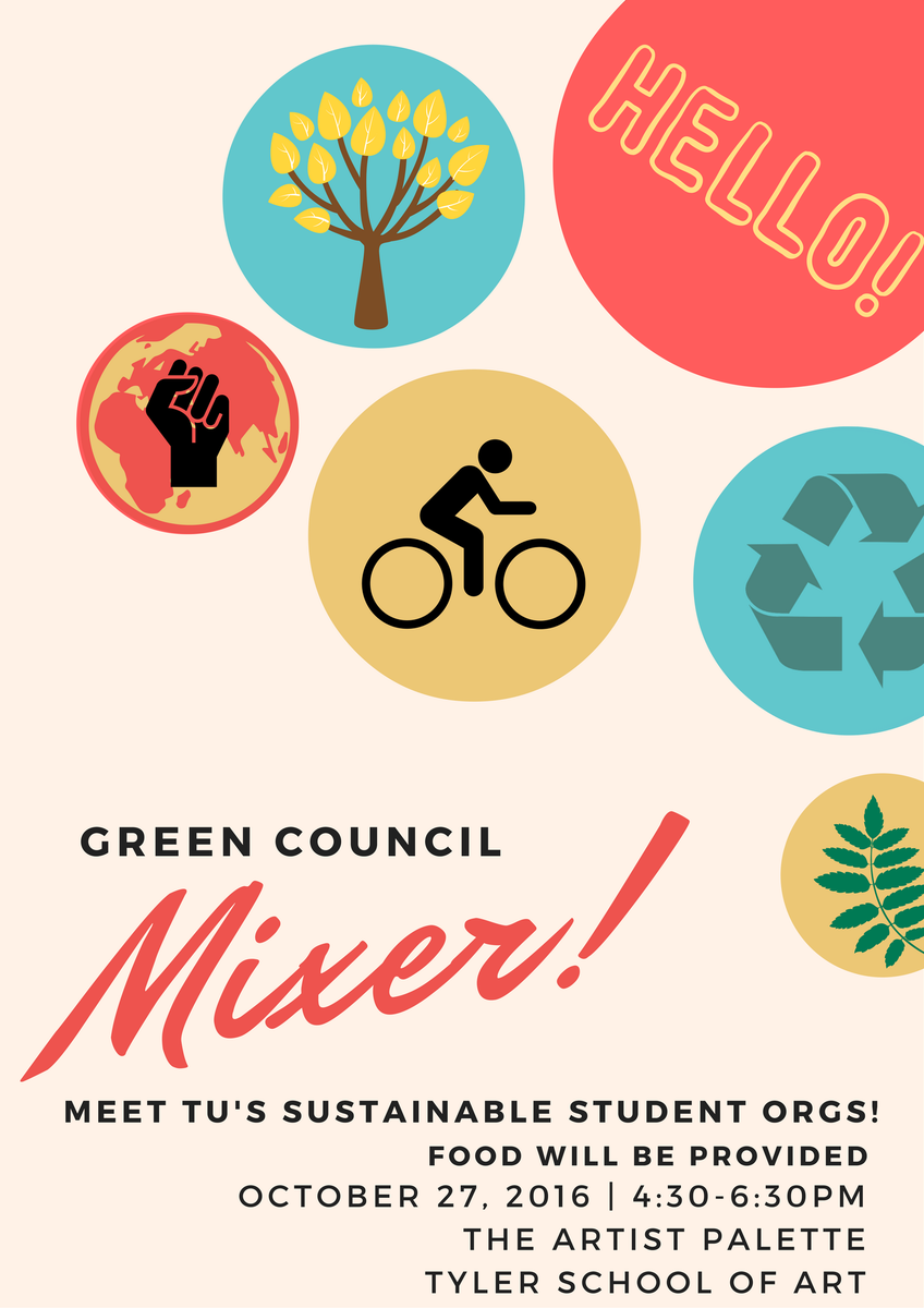 TempleEcoOwls's tweet photo. Meet Temple's green student orgs at The Artist Palette in Tyler next Thursday during our Green Council Mixer! 4:30-6:30pm with free food 😉 https://t.co/mtbOIcKakF