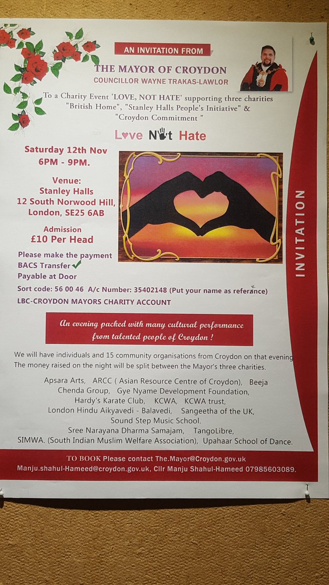 'Love Not Hate' fundraiser for my charities on 12/11 @StanleyHalls. An evening of cultural delights. £10 per head. Thanks to <a href="/ManjuShahul/">CllrDrManjuShahul</a>