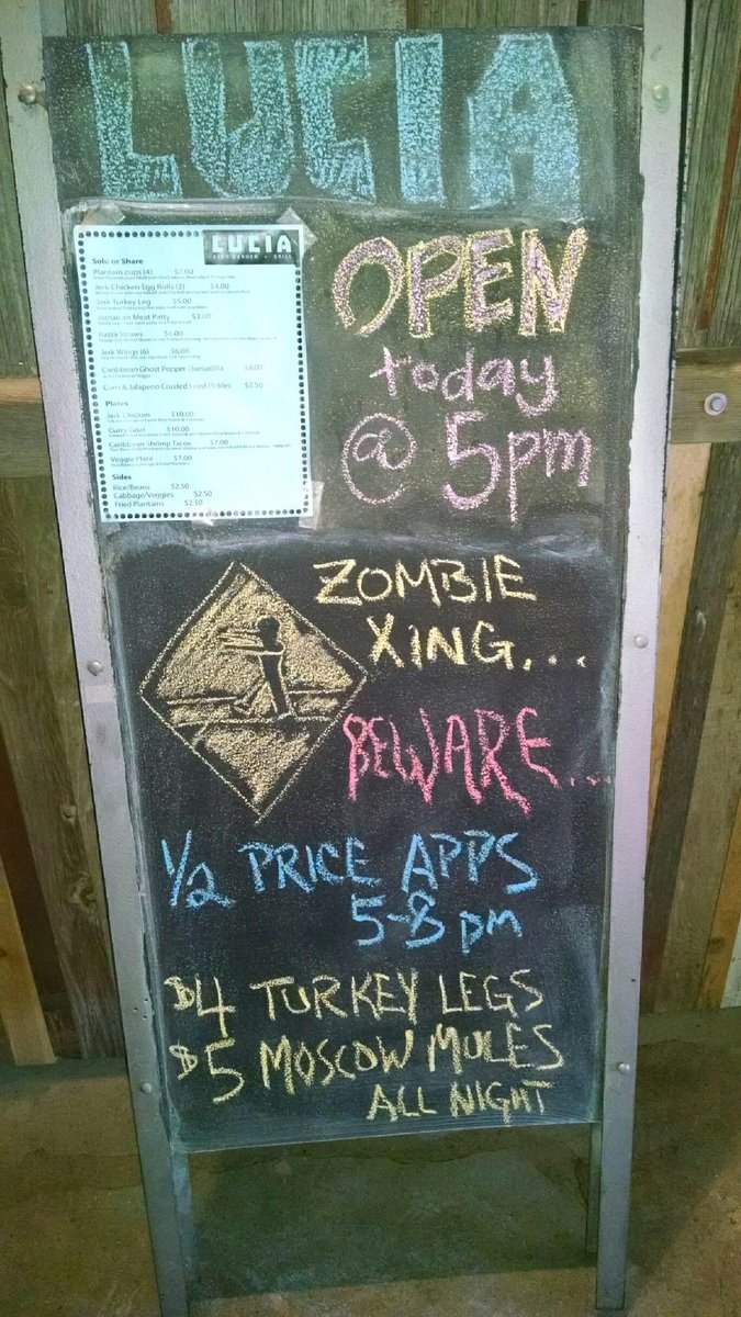 LuciaLawrenceKS's tweet photo. Zombie Viewing from our front booth this evening. Half price apps and $4 Jerk Turkey Legs. #zombieswelcome https://t.co/aoudwt6qdU