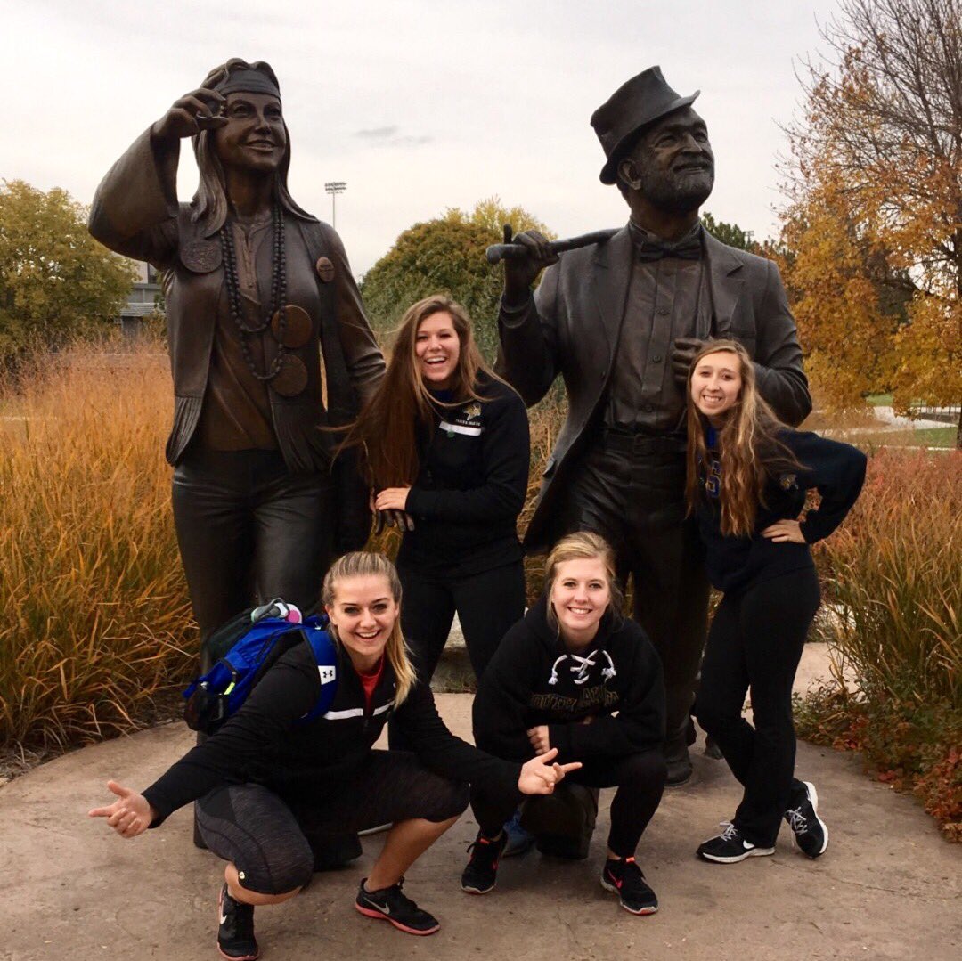 SDStateThrows's tweet photo. Happy Hobo Week! Sophomores Rachel (left) and Abby (2nd) had fun at the #Hobolympics with friends! #HoboDay #WorkHardPlayHard 🐰🏅💛💙💛 https://t.co/sPDgKHMigF