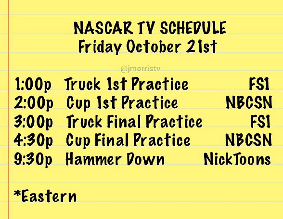 JMorrisTV's tweet photo. TUNE IN: Here's your Friday TV schedule for on track action @TalladegaSuperS. Plus another new #HammerDown. #NASCAR https://t.co/Dr9Nb6qKtC