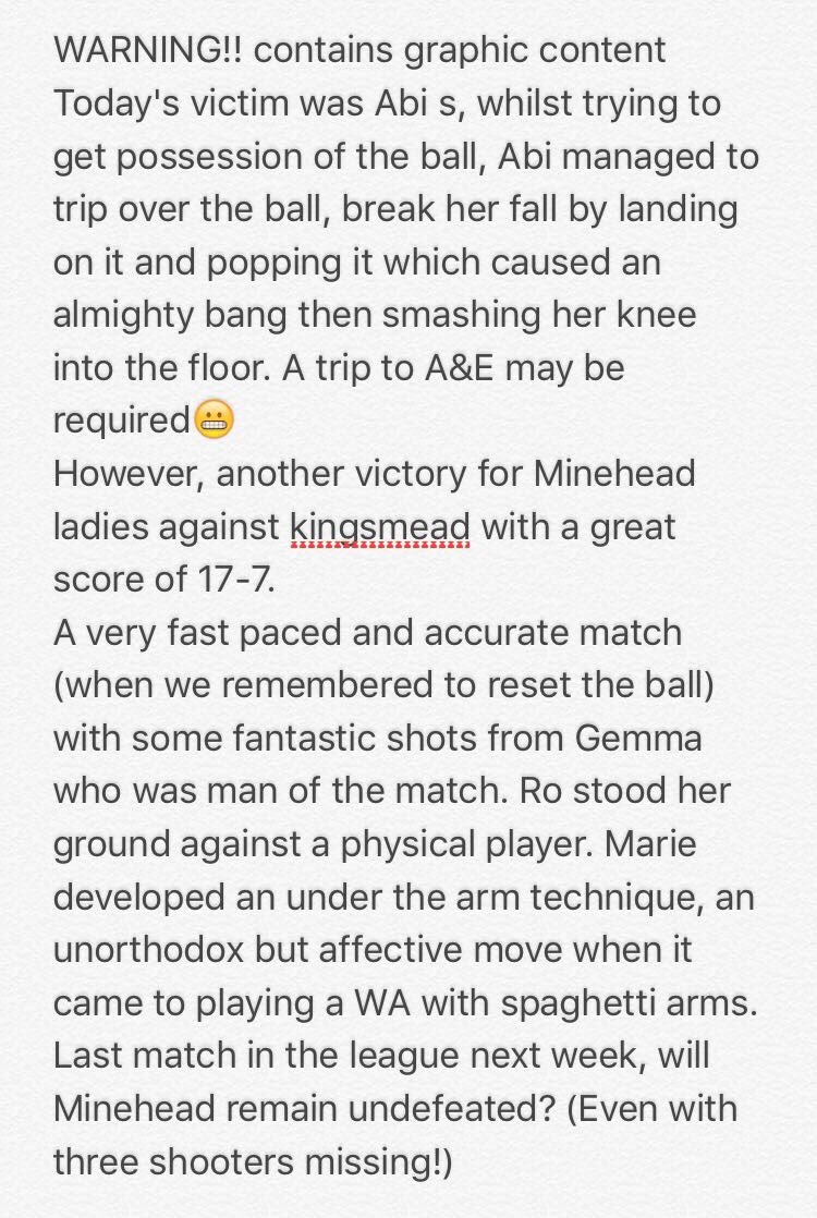MineheadNetball's tweet photo. Tonight's match report! ππΌπππΌ
Well done @Gemmalangdon2 for being voted POM! Hope you're ok @abisweetland99
#MineheadNetball https://t.co/NbGwIW3m3o