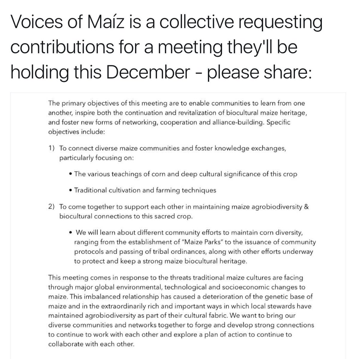 Please support Indigenous communities & 🌎protectors

If you're interested, DM me.

#VoicesOfMaíz #IndigenousFoodSovereignty

❤️🌽✊🏽🌽❤️