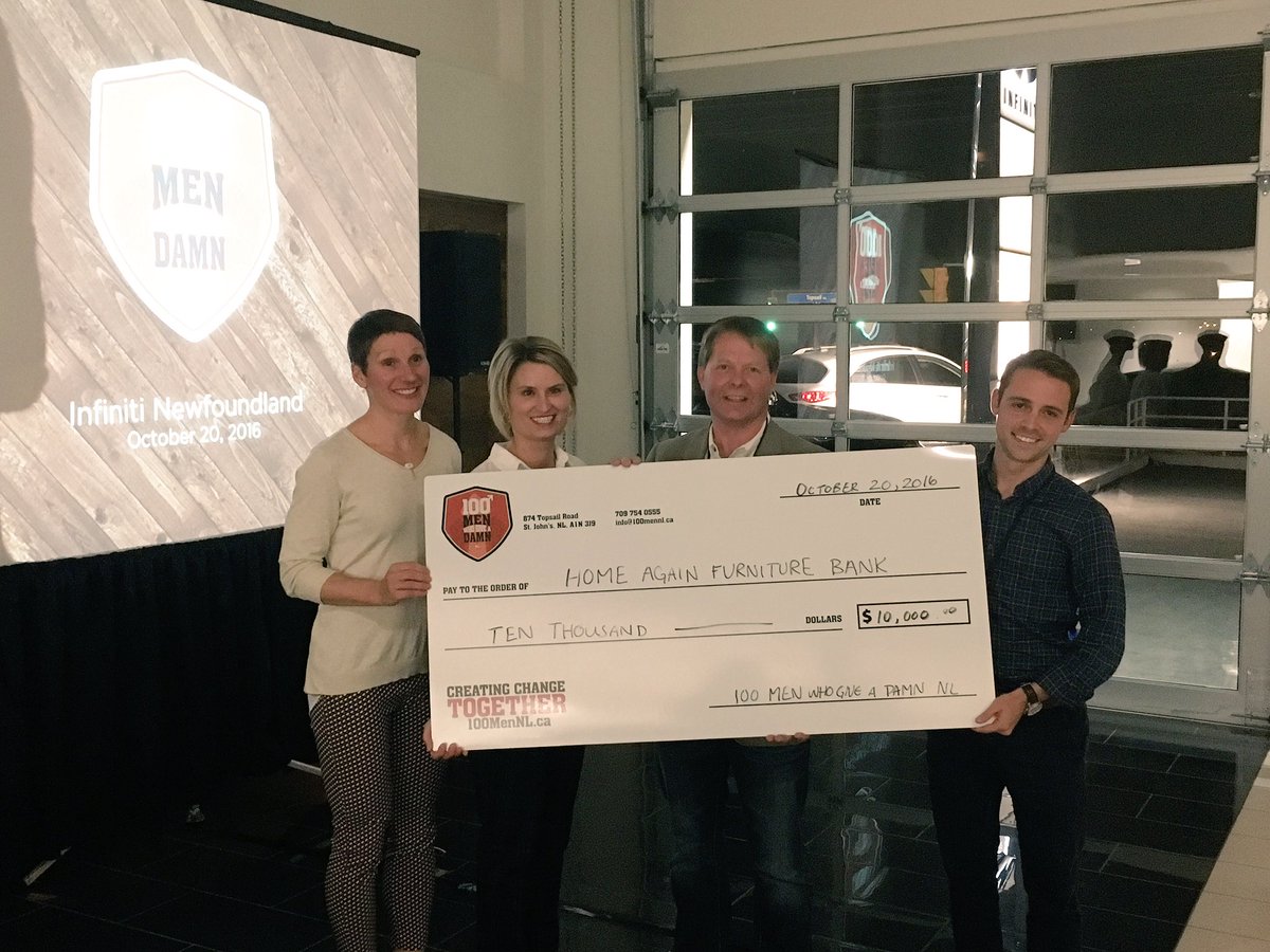 100MenNL's tweet photo. Cheque presentation to prior recipients, Home Again Furniture Bank. The $$ will go towards providing beds &amp; mattresses for the unfortunate. https://t.co/ZZPii7MnE7