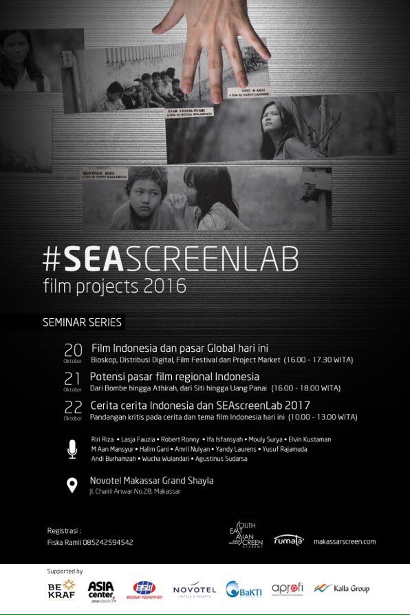 Hari ke-2 Seminar Series dalam rangkaian acara SEAScreen Lab 2016.

Novotel Grand Shayla, 
pukul 15.30-18.00 WITA.

#SEAScreenLab2016