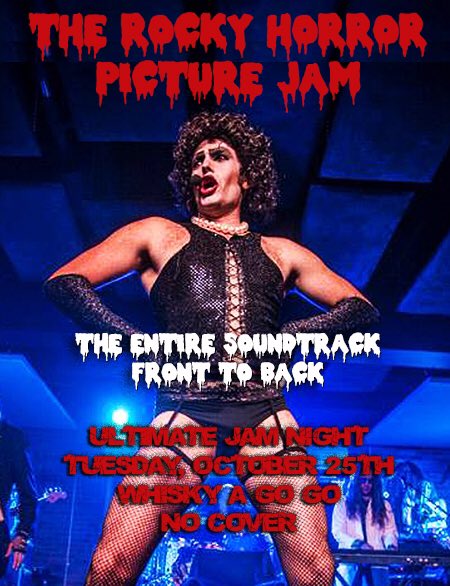 This TUESDAY 10/25 THE ROCKY HORROR PICTURE JAM at ULTIMATE JAM NIGHT <a href="/TheWhiskyAGoGo/">Whisky A Go-Go</a> Wear your costume! 💀🎃💋🎃💀 <a href="/Paulie_Z/">Paul Zhang</a> <a href="/JessicatChase/">Jessica Chase</a>