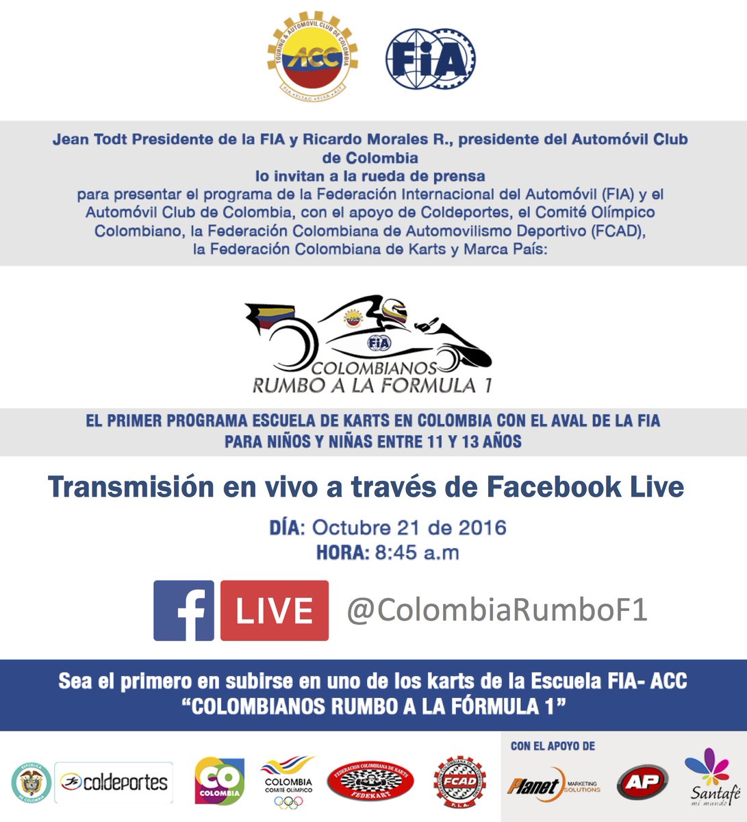 Mañana viernes 08:45h estaremos en #VIVO la presentación de nuestra escuela por #FacebookLIVE 
Síguenos en las redes somos <a href="/ColombiaRumboF1/">Colombianos a la F1</a>