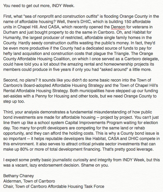 housing_orange's tweet photo. Thank you @Chaney4Carrboro for your tireless support, and especially this on-the-money comment in response to @indyweek's baseless criticism https://t.co/A6Kwx2imf8