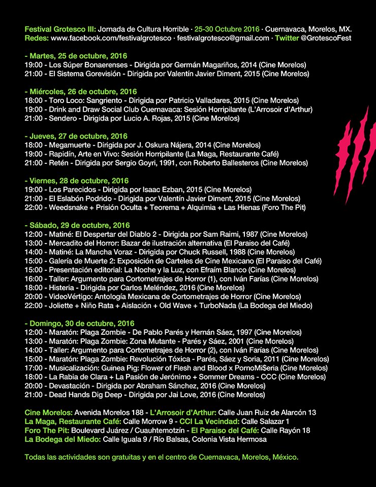 <a href="/GrotescoFest/">Festival Grotesco</a> del martes 25 al domingo 30 de octubre. Todas las actividades son gratuitas. Info ➜ bit.ly/2dSQevv | #Morelos