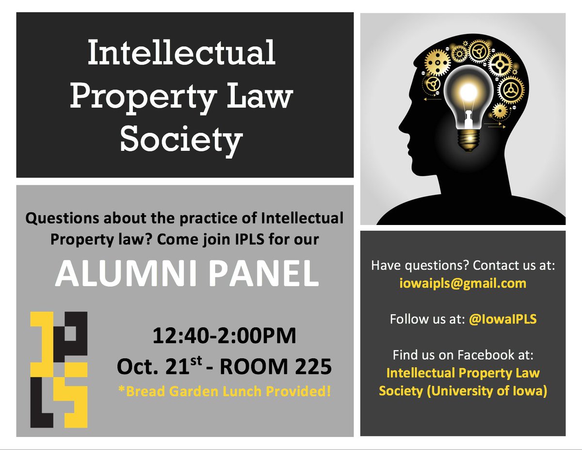 IowaIPLS's tweet image. The IPLS Alumni Panel is tomorrow!!! Come learn about the practice of IP law!