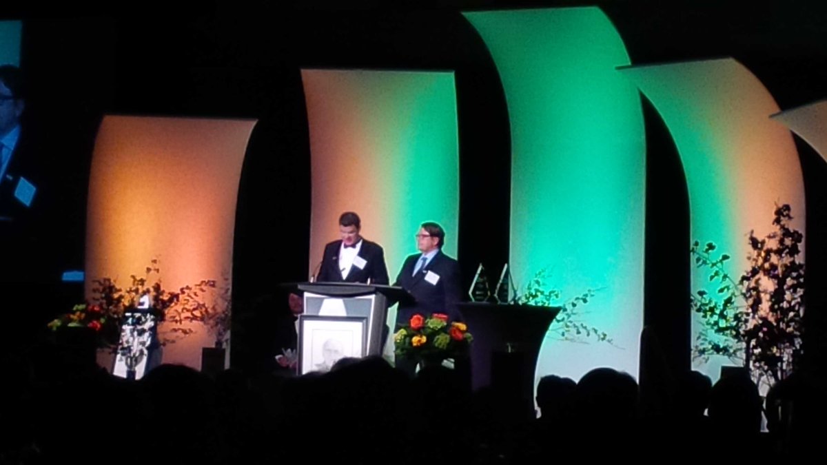 PresFanshaweC's tweet photo. Paul Seed &amp; Ken Kalopsis make us smile - great story. #LBHF2016 Extraordinary Laureates. #Fanshawe #Startechdotcom https://t.co/Kn69WOPVun