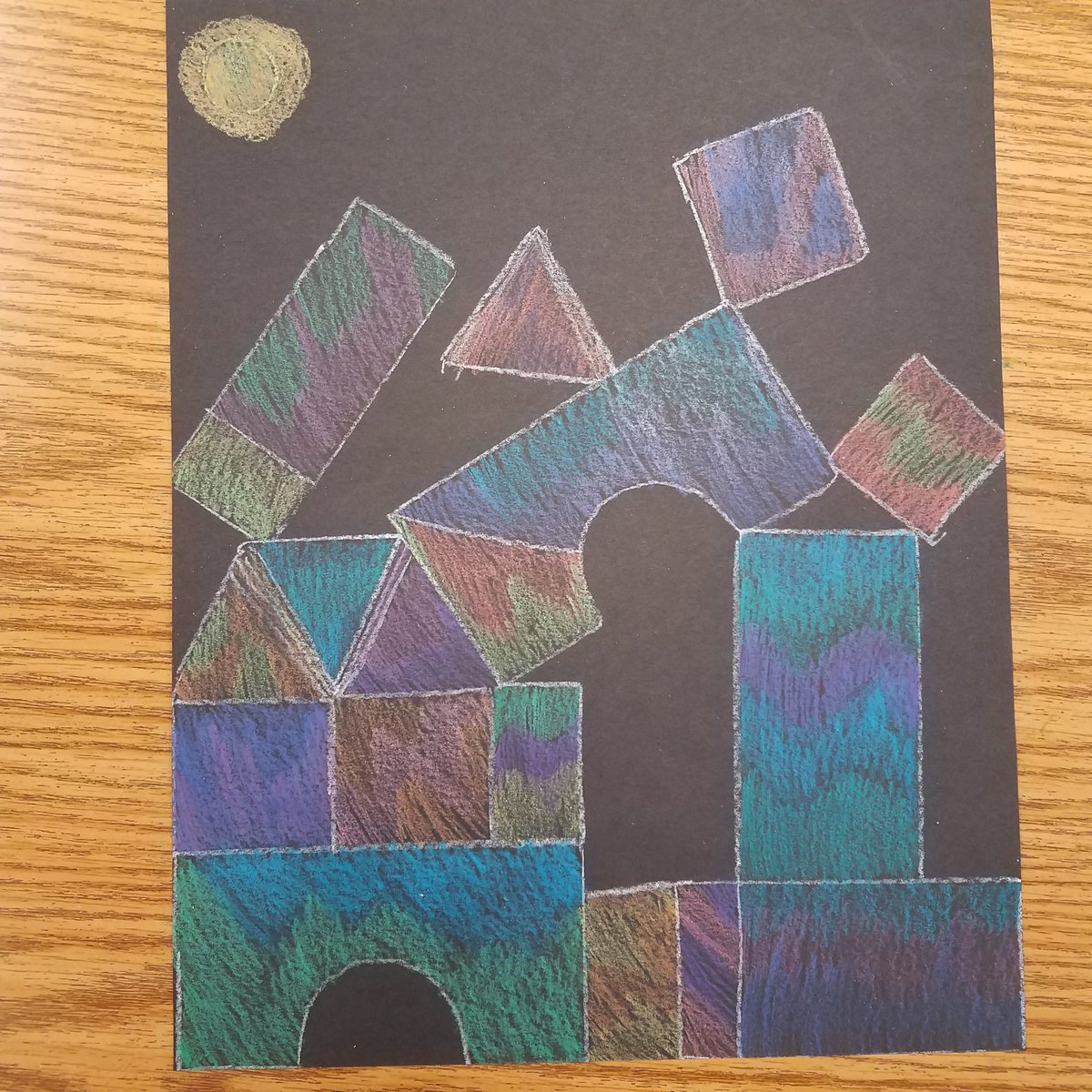 #creechpride 3rd grade artists "build" their own fantastic abstract block castles inspired by Paul Klee's Castle and Sun.