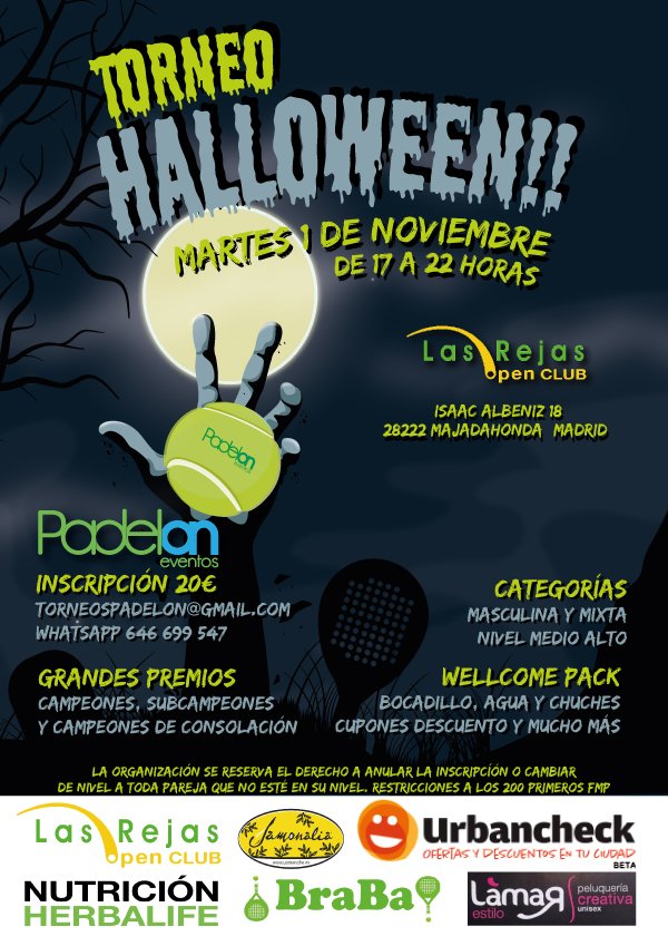 EventosPadelon's tweet photo. Inscripciones abiertas para el #torneo de #padel de #Halloween en @LasRejas_ el #martes #1Nov gran welcome pack https://t.co/bhz07Vf1Qn