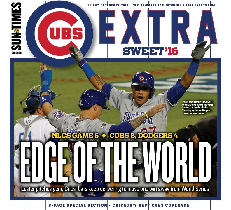 The <a href="/suntimes_sports/">Sun-Times Sports</a> #Cubs Extra cover, featuring <a href="/Addison_Russell/">Addison Russell</a>, whose HR got the ball rolling in Game 5.