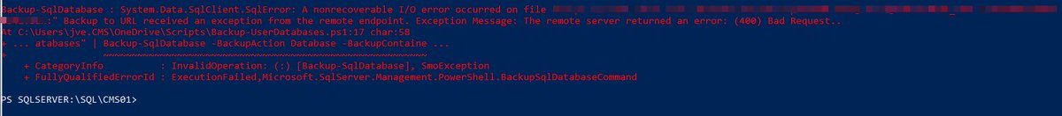 vestergaardj's tweet image. Any takers on why I get "(400) Bad Request" error on #PowerShell Backup-SqlDatabase stmt? #powershellhelp #pshelp