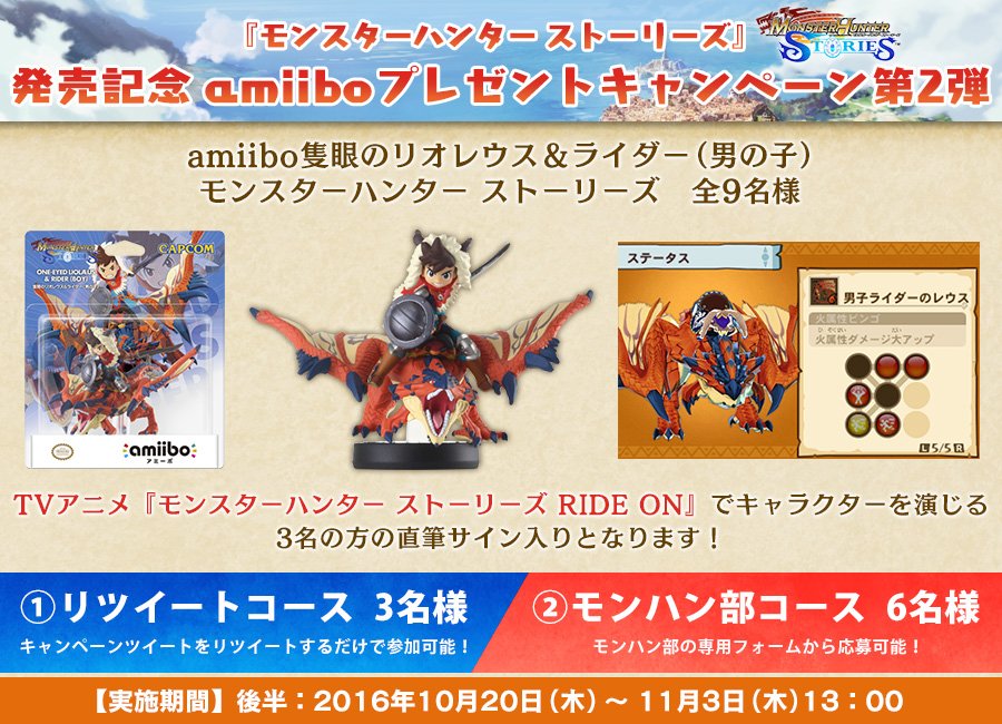 モンハン部 Sur Twitter Mhst モンスターハンター ストーリーズ Amiibo プレゼント企画第2弾実施中 このツイートをrtすると 隻眼のリオレウス のamiiboが抽選で当たる T Co Easy4u5reg モンハンストーリーズ