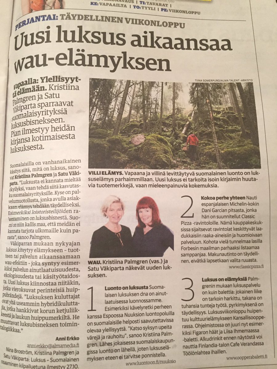 KJPalmgren's tweet photo. Kauppalehti (21.10) 3.sivu ja uusi luksus. #suomalainenluksus #luksuskirja #luxury #wauelämys https://t.co/6Mk6u8NQWd