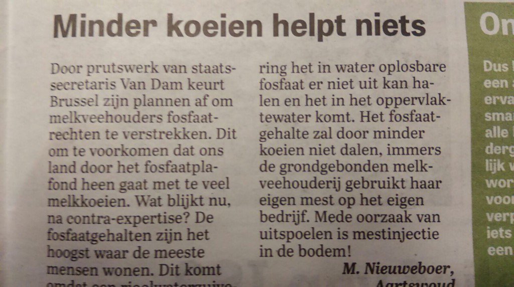 Bericht uit .<a href="/telegraaf/">De Telegraaf</a> Minder koeien helpt niets 🐄 💦#derogatie #fosfaat #waterkwaliteit 🐄🌱