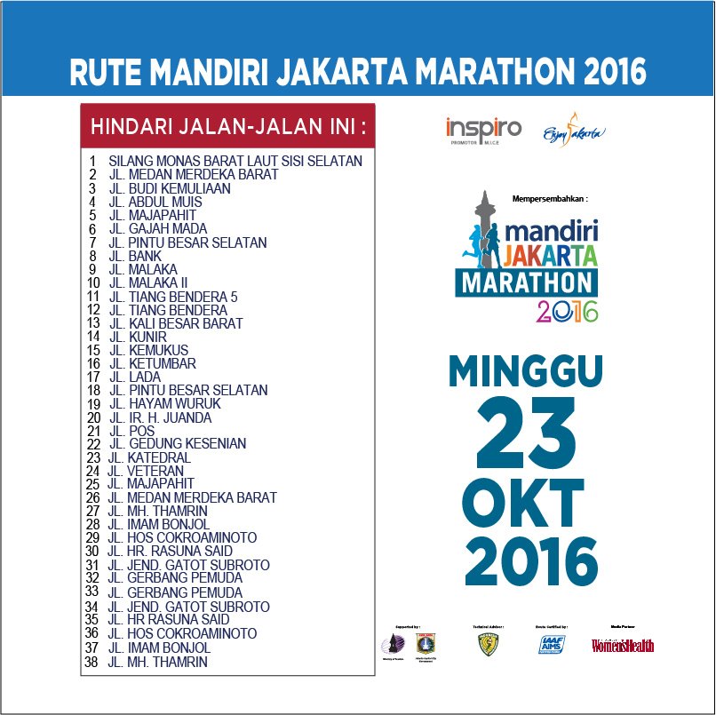 Jakarta Marathon tinggal dua hari lagi! Berikut kami informasikan rute Jakarta Marathon pada Minggu, 23 Oktober 2016.
