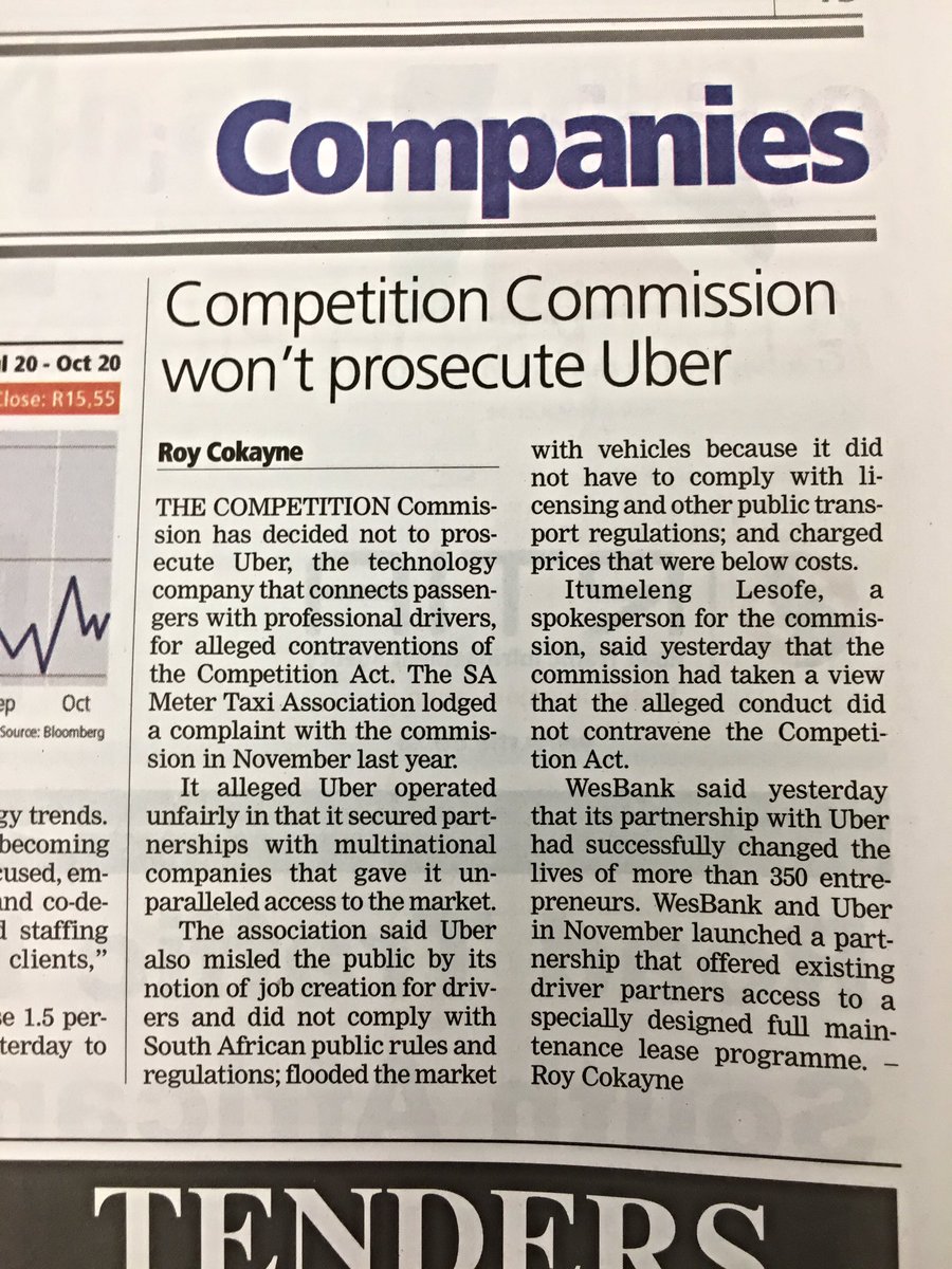 IN THE NEWS: the <a href="/CompComSA/">CompComSA</a> won't prosecute Uber - via <a href="/busrep/">Business Report</a> Friday, 21 October